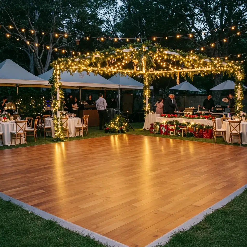 Festive dance floor setup for holiday celebrations in Santa Barbara, showcasing a warm and inviting atmosphere
