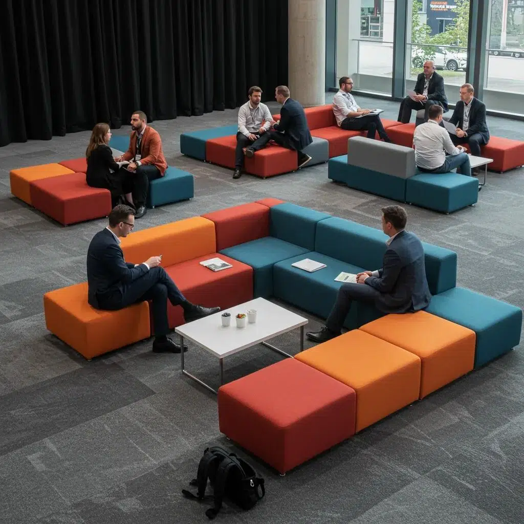Flexible modular seating configurations supporting diverse networking opportunities at corporate events