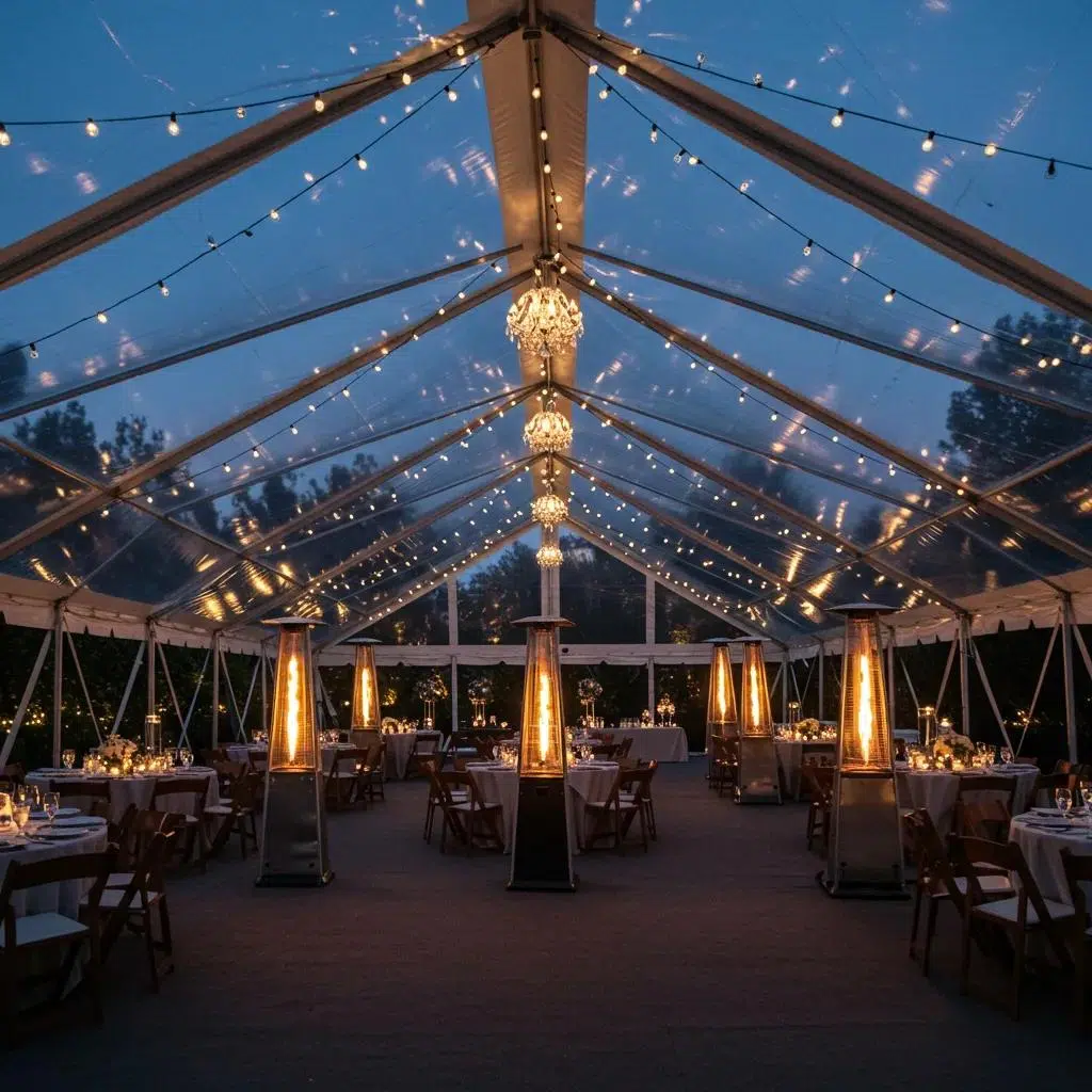 Frame tent interior for winter events in Los Angeles with heaters and elegant lighting
