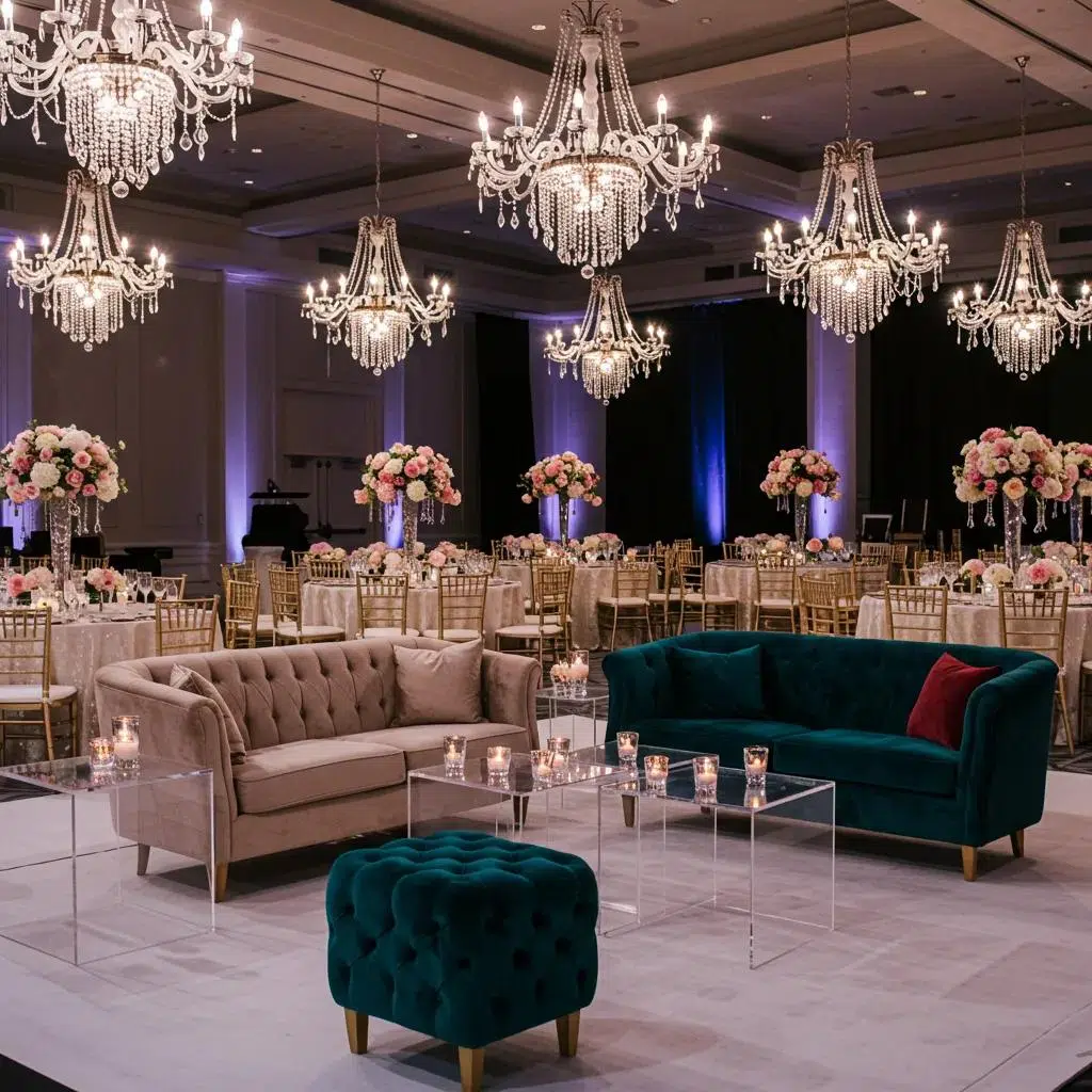 Glamorous wedding lounge area with velvet sofas and elegant lighting