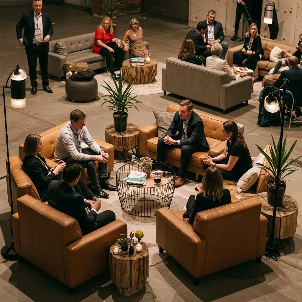 Guests mingling and networking in a comfortable and inviting lounge area with plush seating
