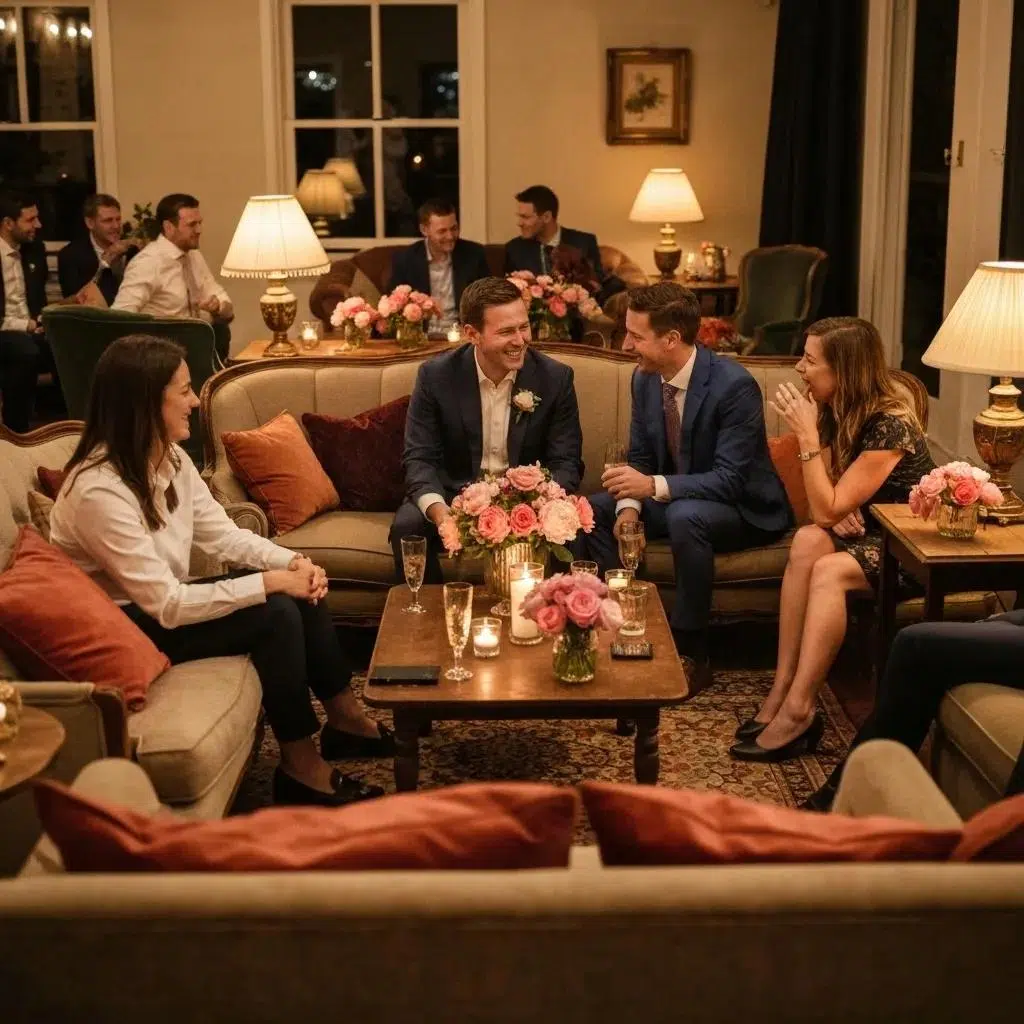 Inviting lounge area at a wedding reception with vintage sofas and floral decor creating a cozy photo opportunity