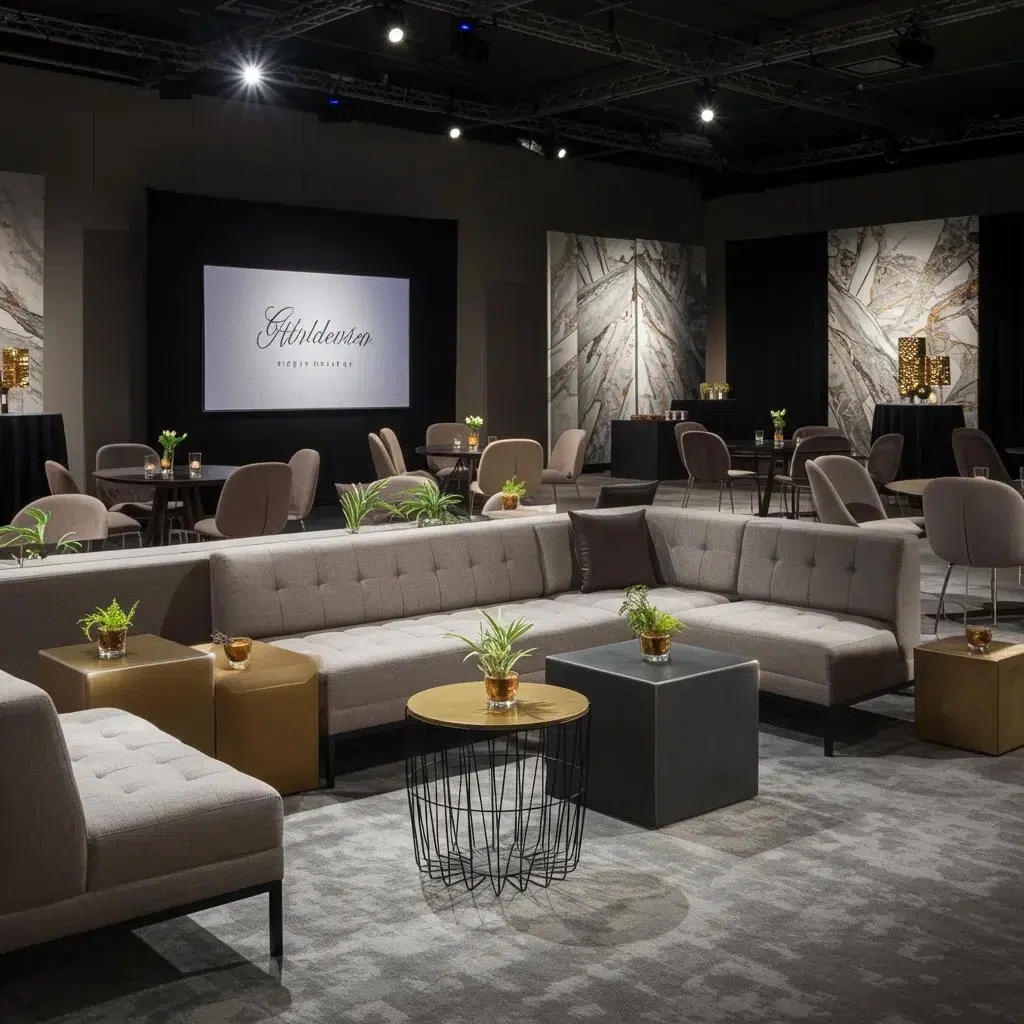 Elegant furniture arrangement for a corporate gala, enhancing the overall ambiance and guest experience