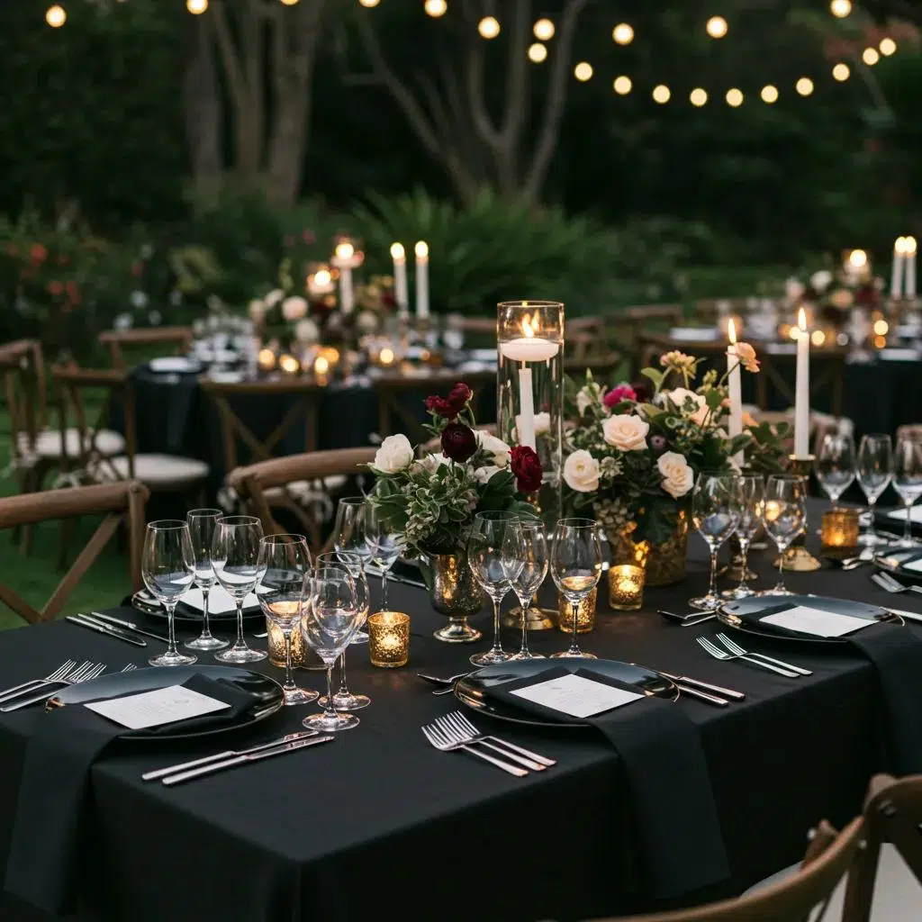 Luxury wedding tablescape with elegant linens and fine china in a sophisticated outdoor setting