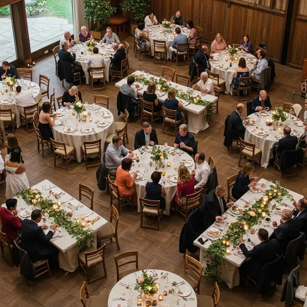 A wedding reception layout featuring a mix of round and rectangular tables to enhance guest interaction