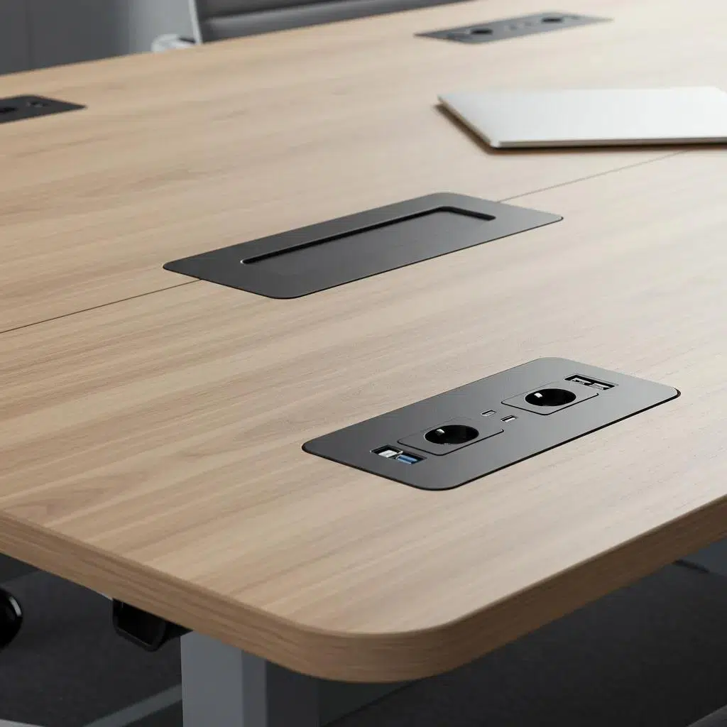 Modular conference table with integrated technology for hybrid meetings