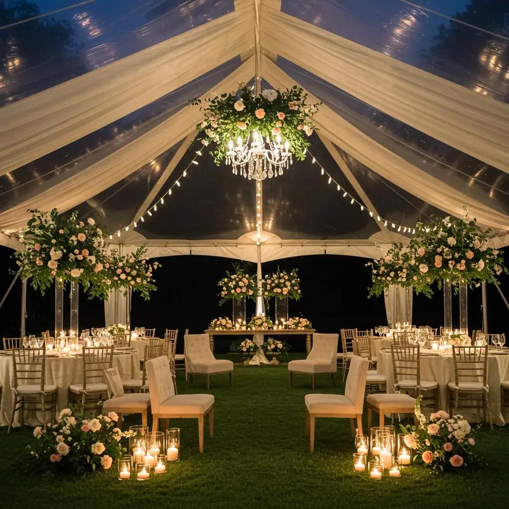 Romantic wedding setup in Orange County with elegant decor and seating