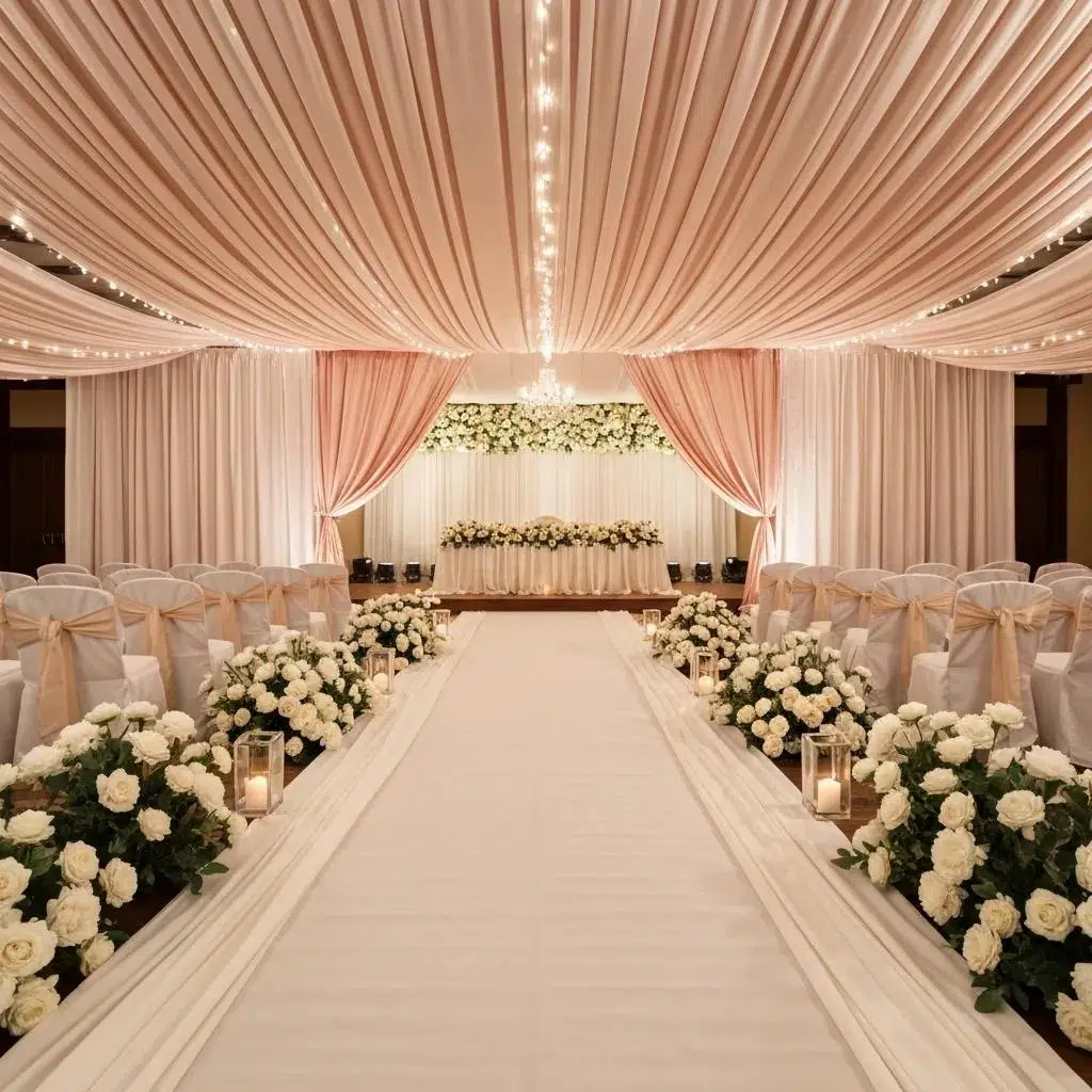 Romantic wedding setup featuring ivory chiffon aisle runners and a blush satin canopy, creating a dreamy atmosphere