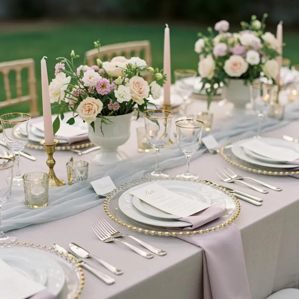 Romantic wedding table setting featuring porcelain dinnerware and crystal stemware, perfect for elegant celebrations