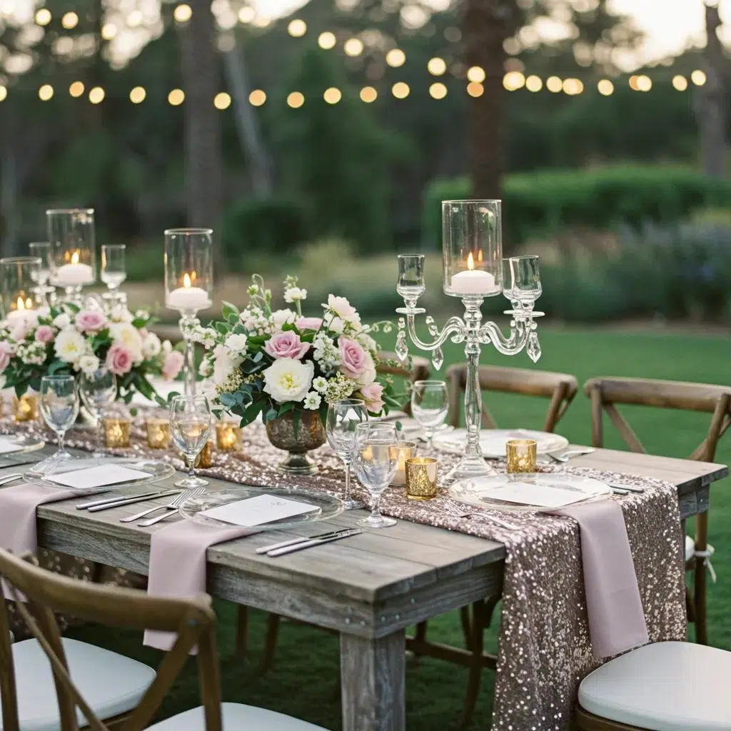 Rustic and glam wedding table setting with sequin linens and natural wood elements