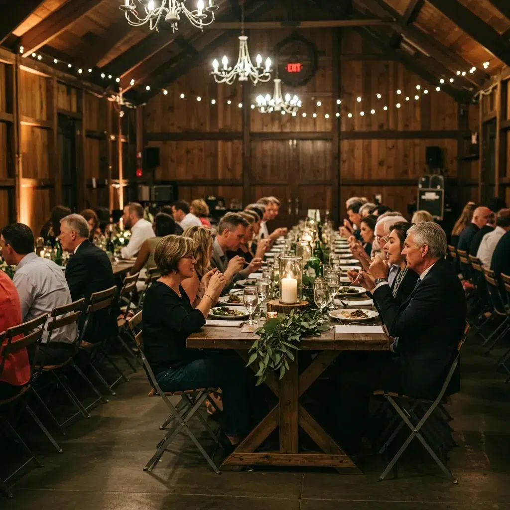 A rustic wedding reception featuring communal farm tables designed to foster guest connection