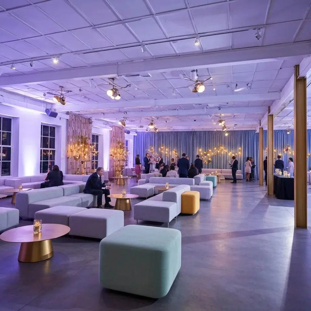 Stylish multi-purpose event furniture setup in Los Angeles showcasing modular sofas and adjustable tables