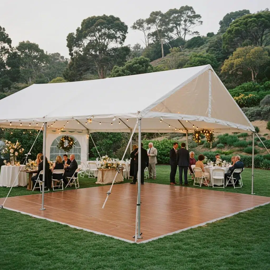 Versatile frame tent in a Ventura backyard with modular flooring and guests enjoying the wedding