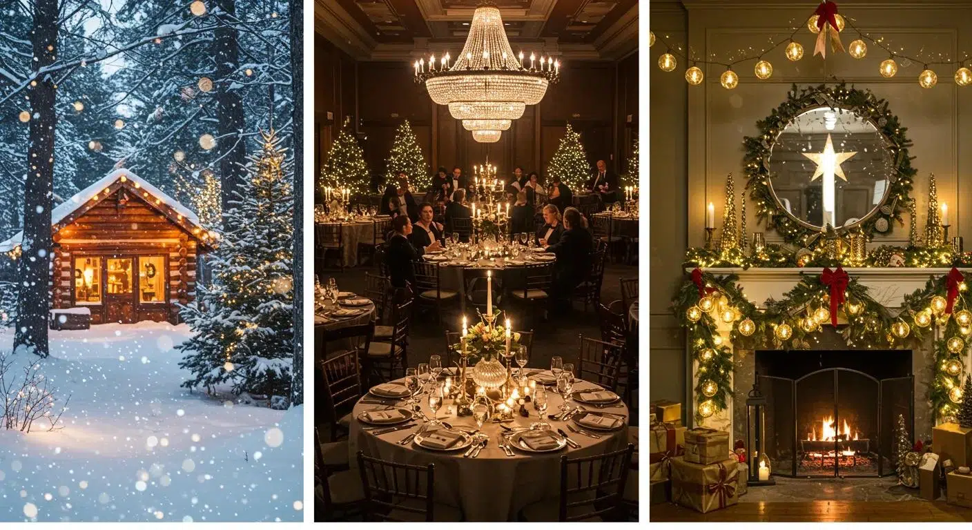 Collage of holiday party themes: Winter Wonderland, Elegant Gala, and Rustic Holiday Charm