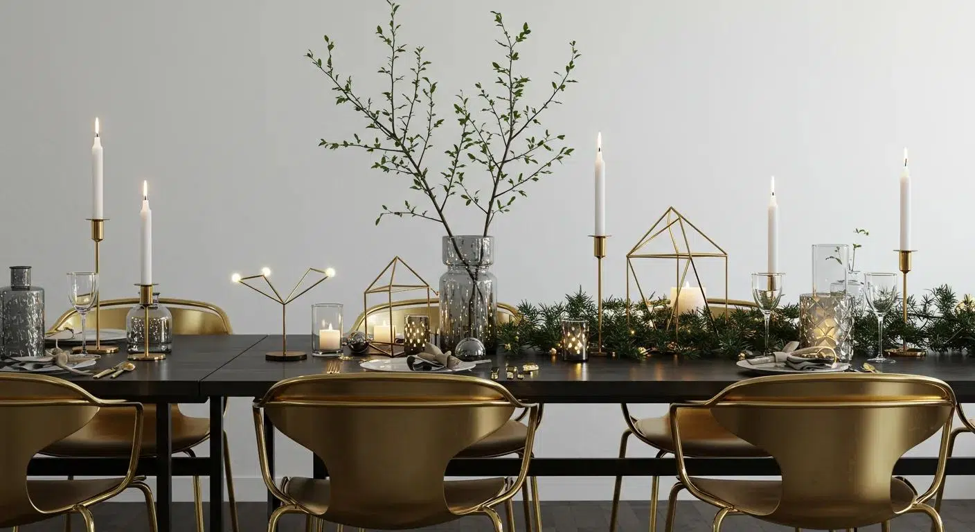 Modern holiday decor with sleek tables, metallic accents, and minimalistic centerpieces
