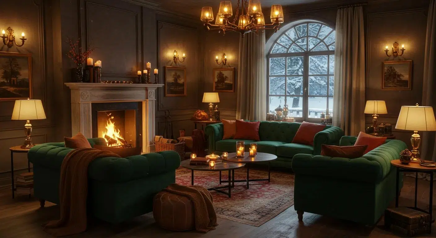 Cozy lounge area with velvet sofas and warm lighting for winter gatherings