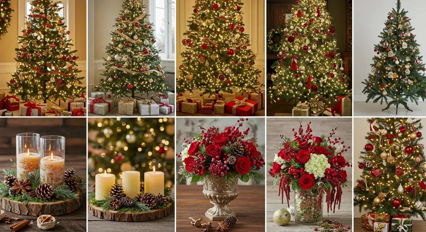 Christmas trees adorned with lights and ornaments, festive centerpieces featuring red roses and pinecones, and elegant candle arrangements, showcasing holiday décor options for creating a warm atmosphere in Ventura venues.