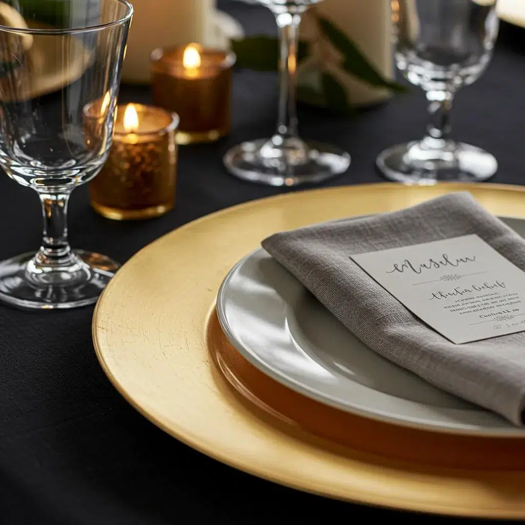 Close-up of elegant holiday table setting with a gold charger plate, glassware, a folded gray napkin, and a menu card, emphasizing understated luxury and refined decor for Southern California events.