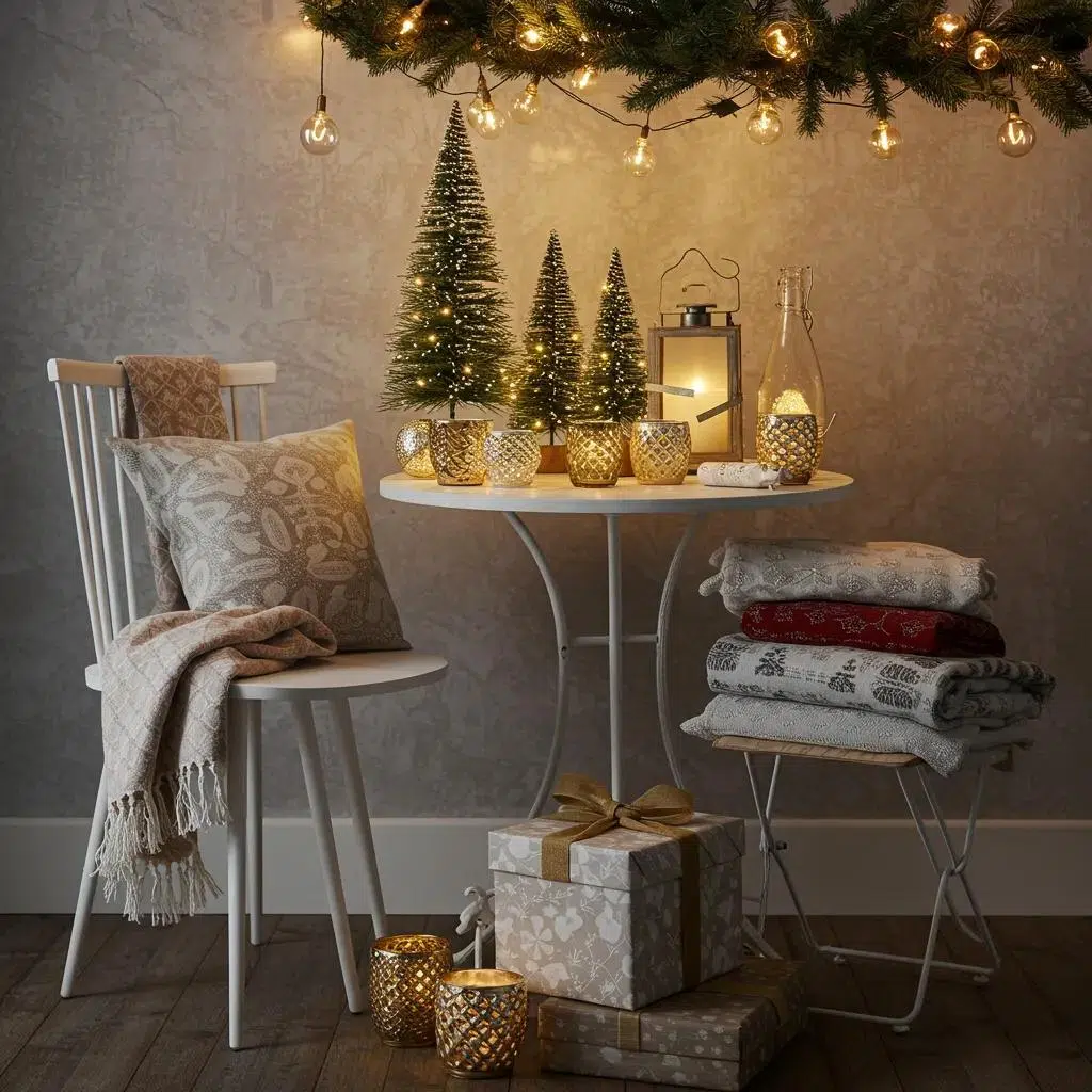 Cozy Christmas decor featuring a small table with layered textiles, illuminated mini trees, decorative candles, and wrapped gifts, enhancing a festive atmosphere for intimate gatherings.