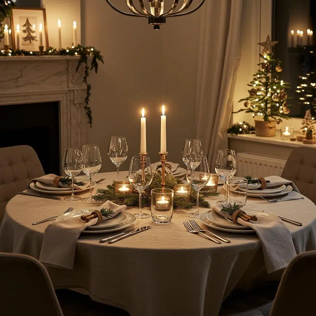 Cozy Christmas dinner setting with elegant tableware and warm lighting