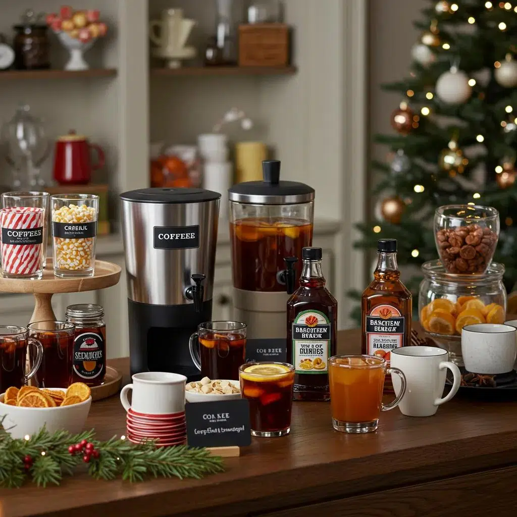 Cozy coffee and non-alcoholic drink station featuring coffee dispensers, iced beverages, seasonal garnishes, and assorted glassware for holiday gatherings, surrounded by festive decor.