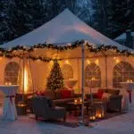 Cozy heated tent setup for winter events with warm lighting and festive decorations