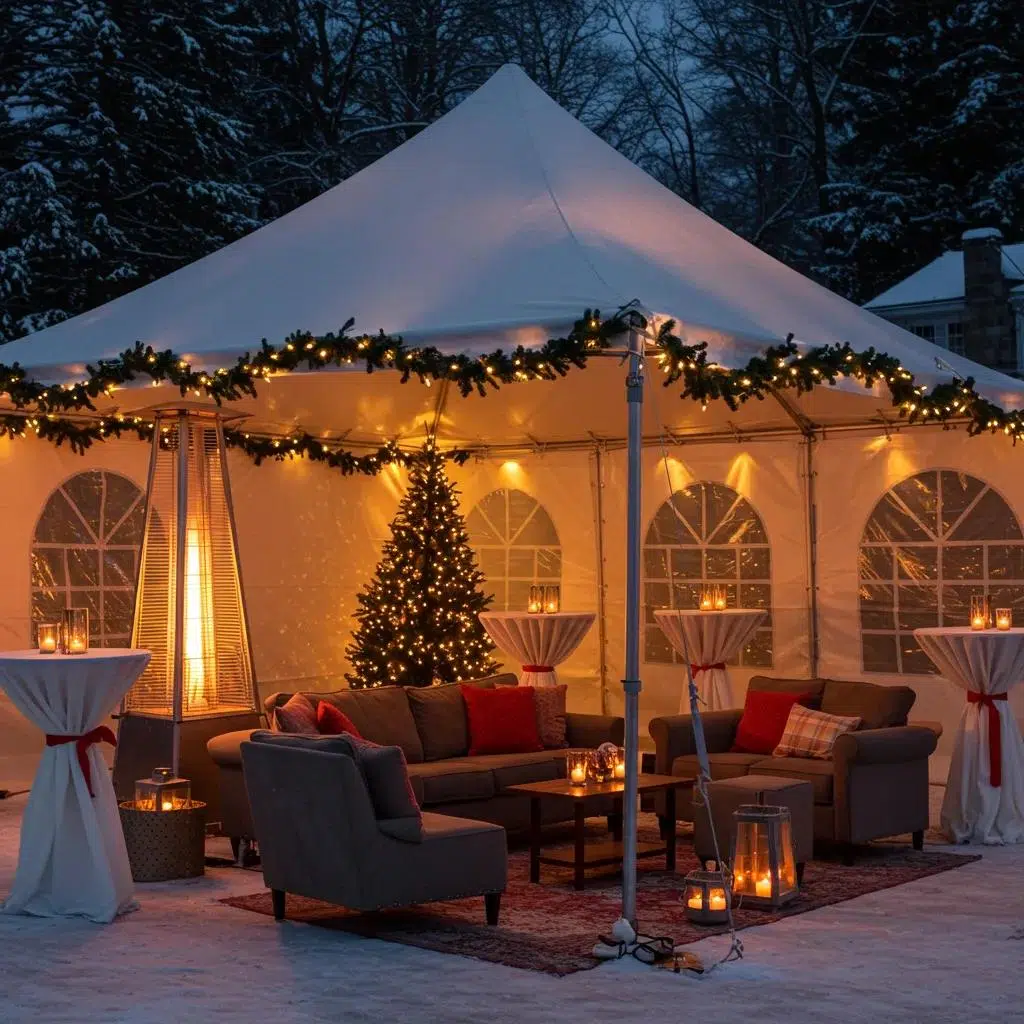 Cozy heated tent setup for winter events with warm lighting and festive decorations