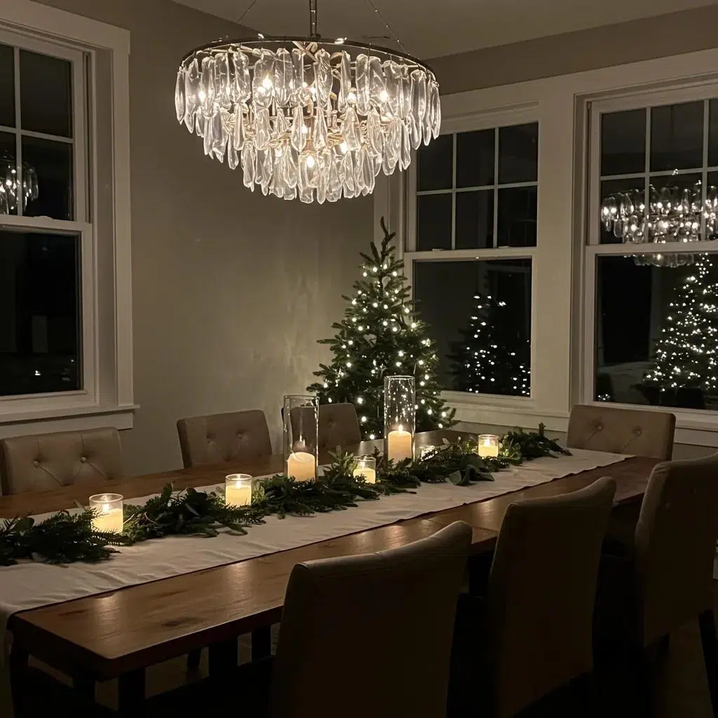 Elegant dining area with a crystal chandelier, soft candlelight, and a festive table setting featuring greenery and a Christmas tree, enhancing the cozy holiday atmosphere.