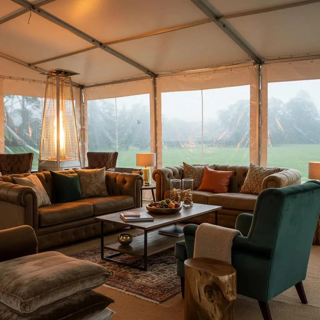 Cozy lounge setup inside a heated tent with plush seating and layered textiles