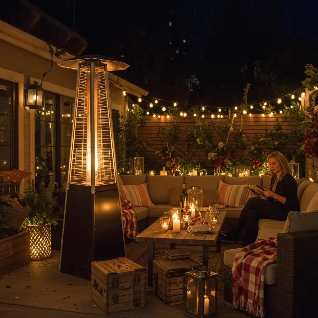 Cozy winter patio party setup in Los Angeles with warm lighting and stylish decor