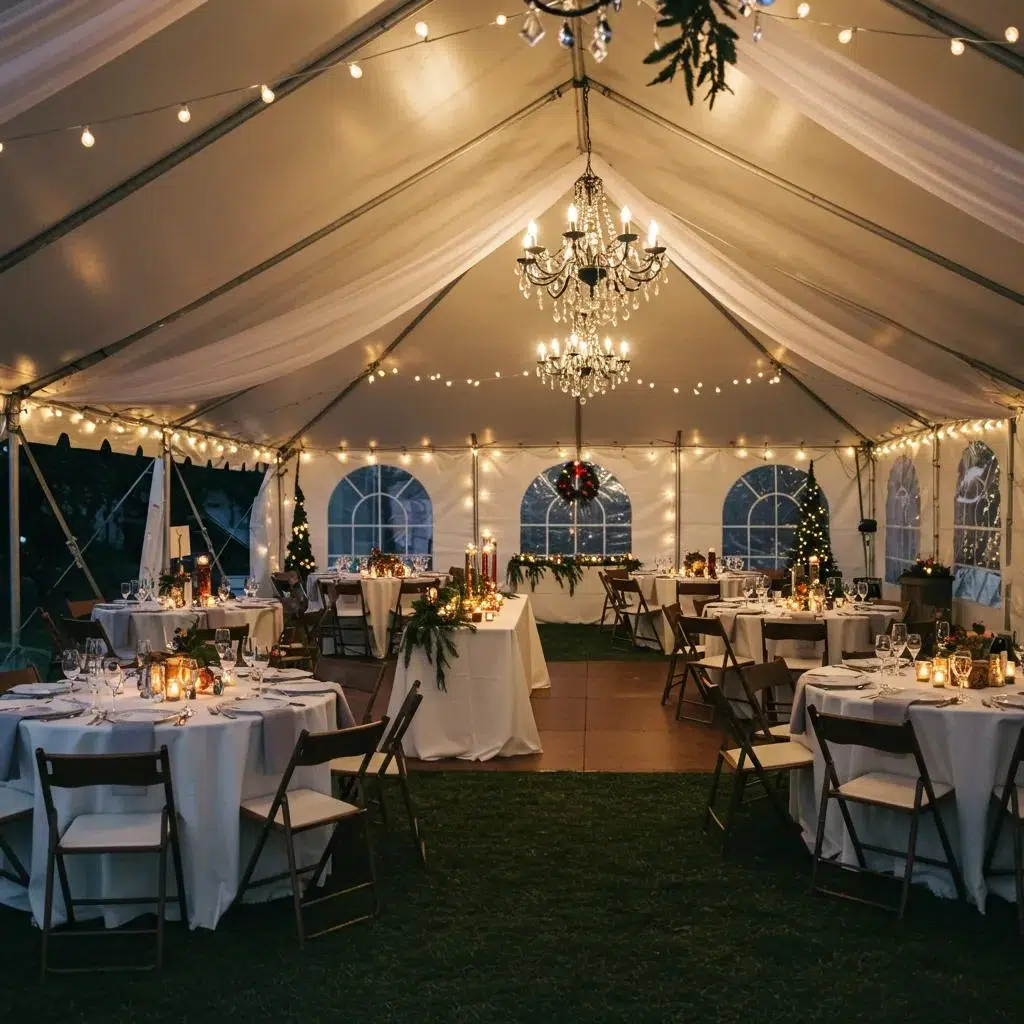 Cozy winter wedding tent setup with elegant decorations and warm lighting in Ventura