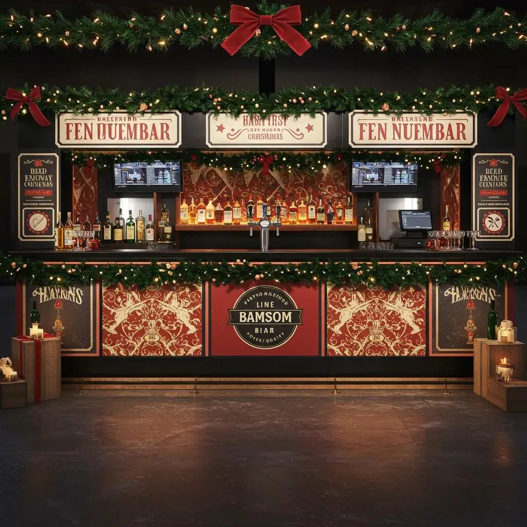 Customizable holiday bar front with seasonal decorations, branding elements, and festive lighting, designed for enhancing guest experiences at Ventura events.