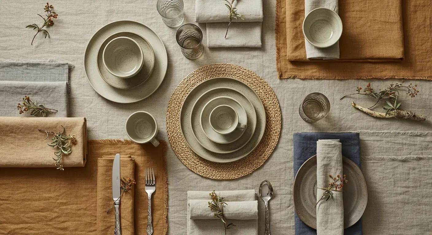Variety of linen materials and tableware styles suitable for seasonal events, showcasing colors and textures