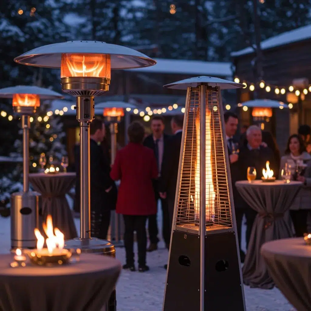 Different styles of patio heaters, including mushroom and pyramid models, in use at a winter outdoor event with guests mingling around tables and festive lighting.