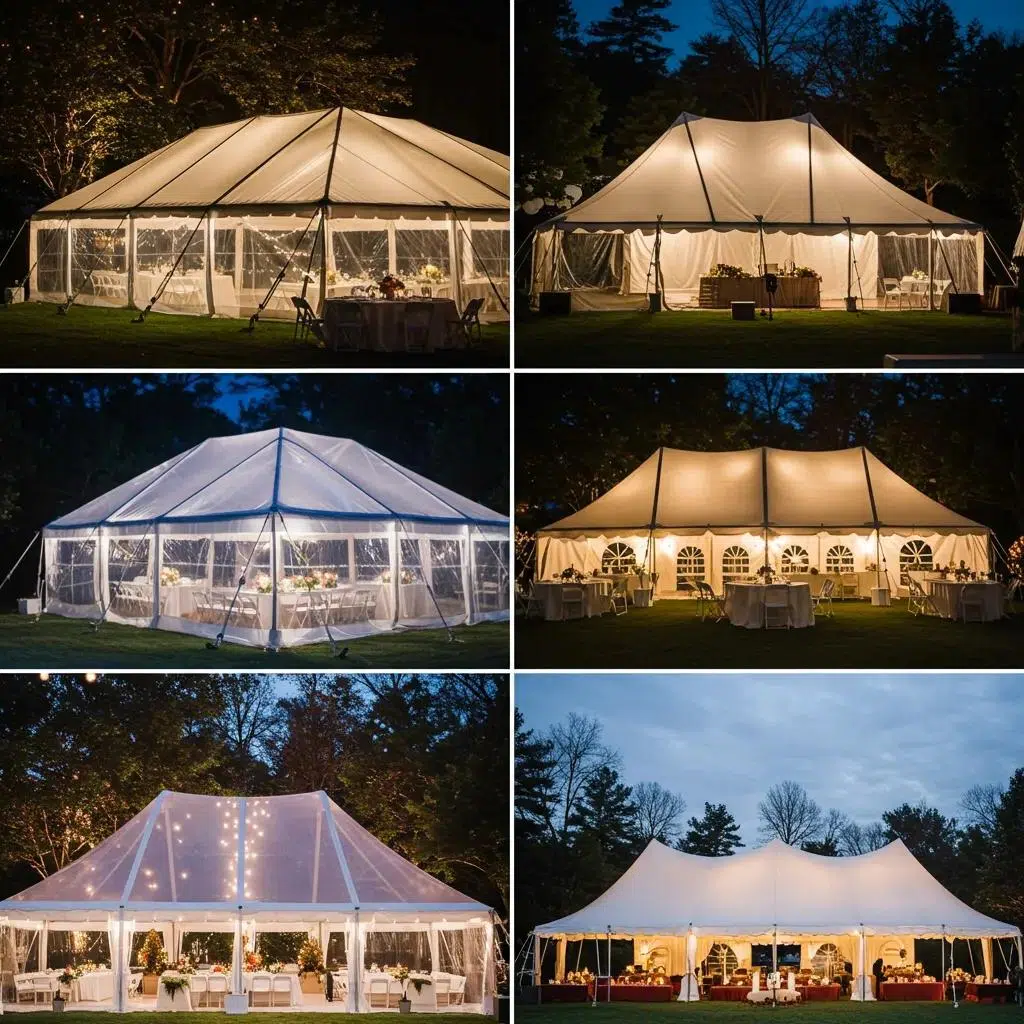 Varied tent styles for corporate holiday galas — clear-span, pole, and frame options