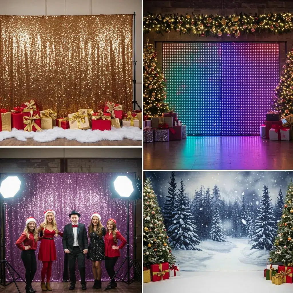Diverse holiday-themed backdrops for photo booths, showcasing sequin, LED, and custom-printed options