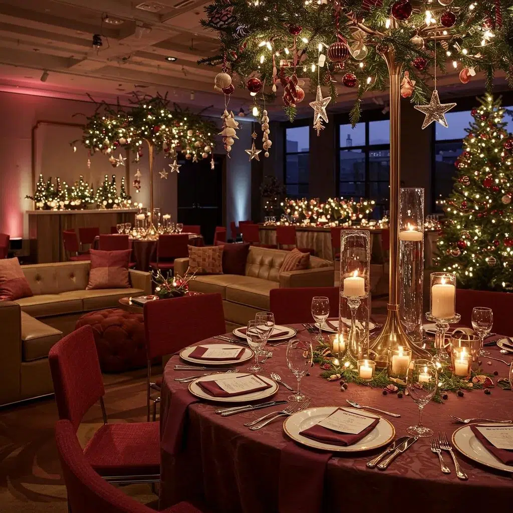 Elegant corporate Christmas party setting with sophisticated decor and table settings