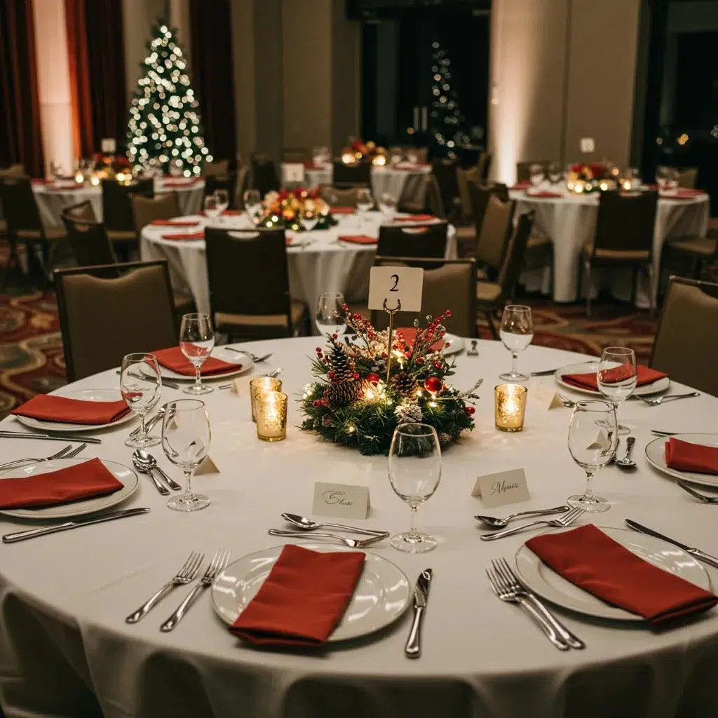 Elegant corporate holiday luncheon table setting with festive decor and luxurious tableware