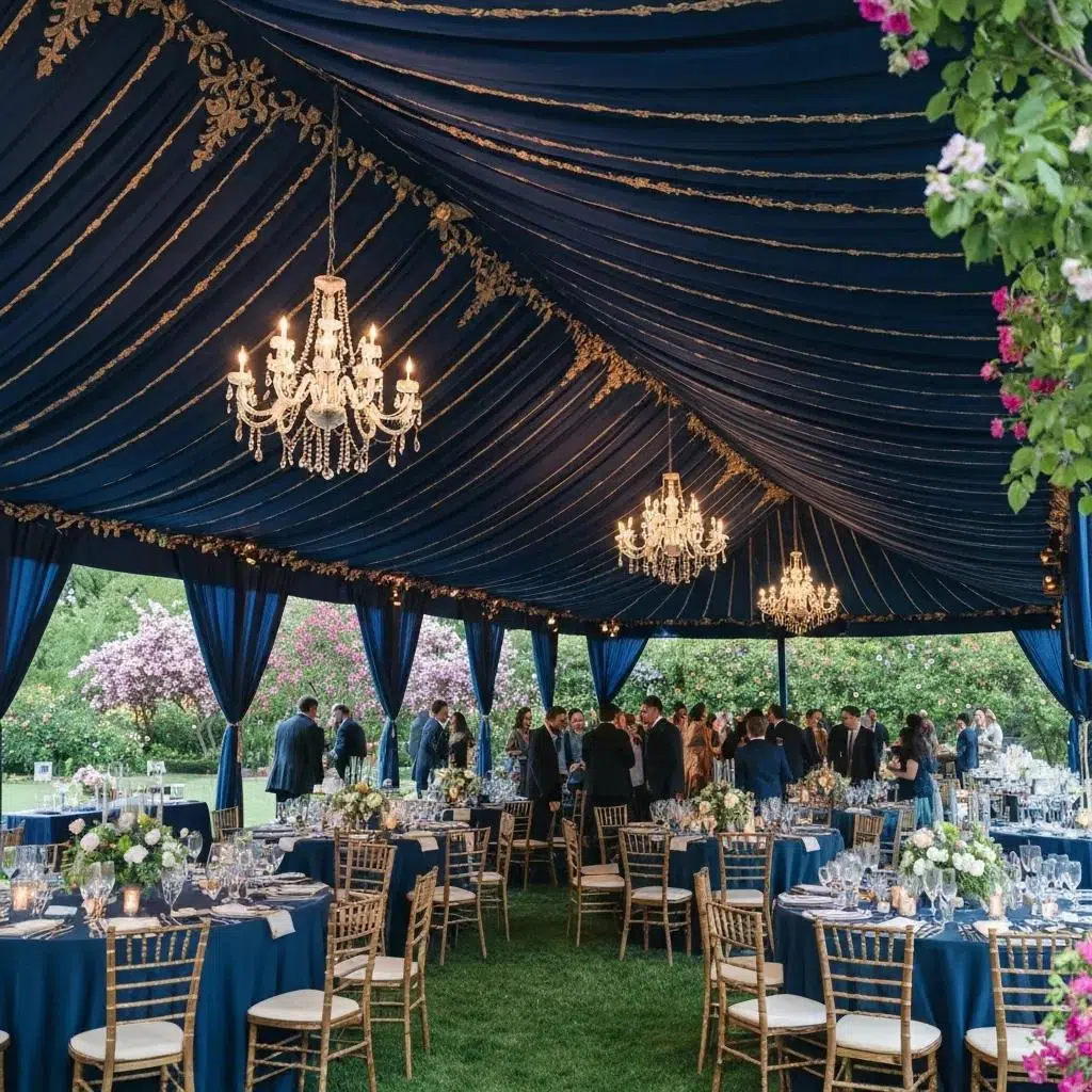Elegant enclosed wedding tent with chandeliers and floral arrangements