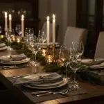 Elegant holiday dining table with charger plates, fine china, and crystal glassware