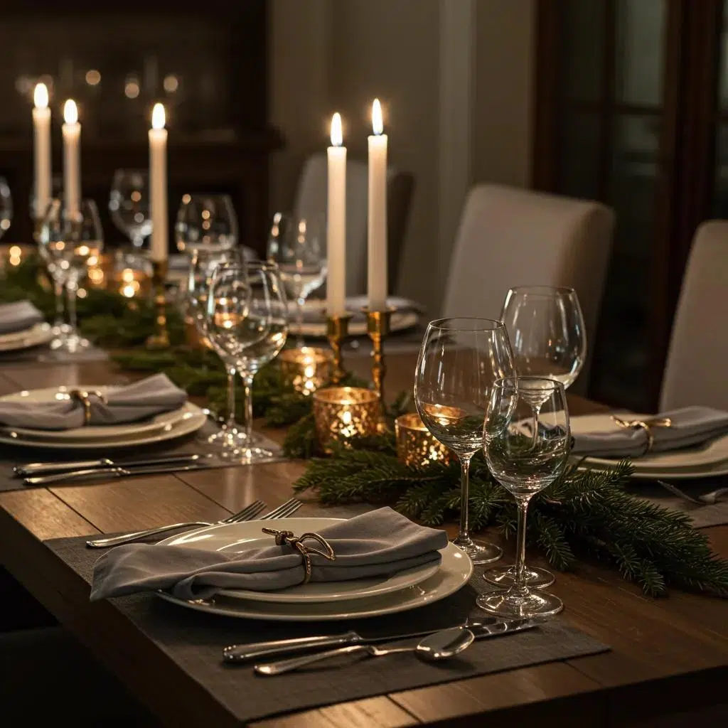 Elegant holiday dining table with charger plates, fine china, and crystal glassware