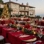Elegant holiday event table with red and gold decor in a Santa Barbara venue