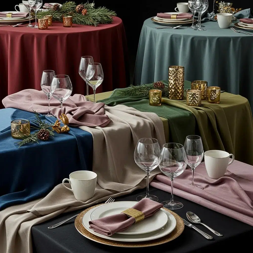 Elegant linens, dinnerware, and glassware arranged on a corporate holiday luncheon table