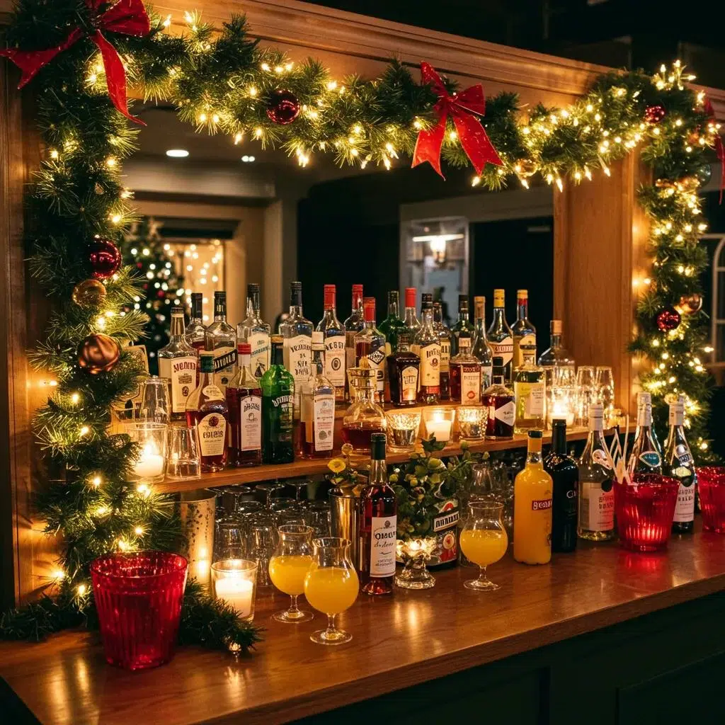 Festive bar setup with seasonal decorations and beverages for holiday events in Ventura