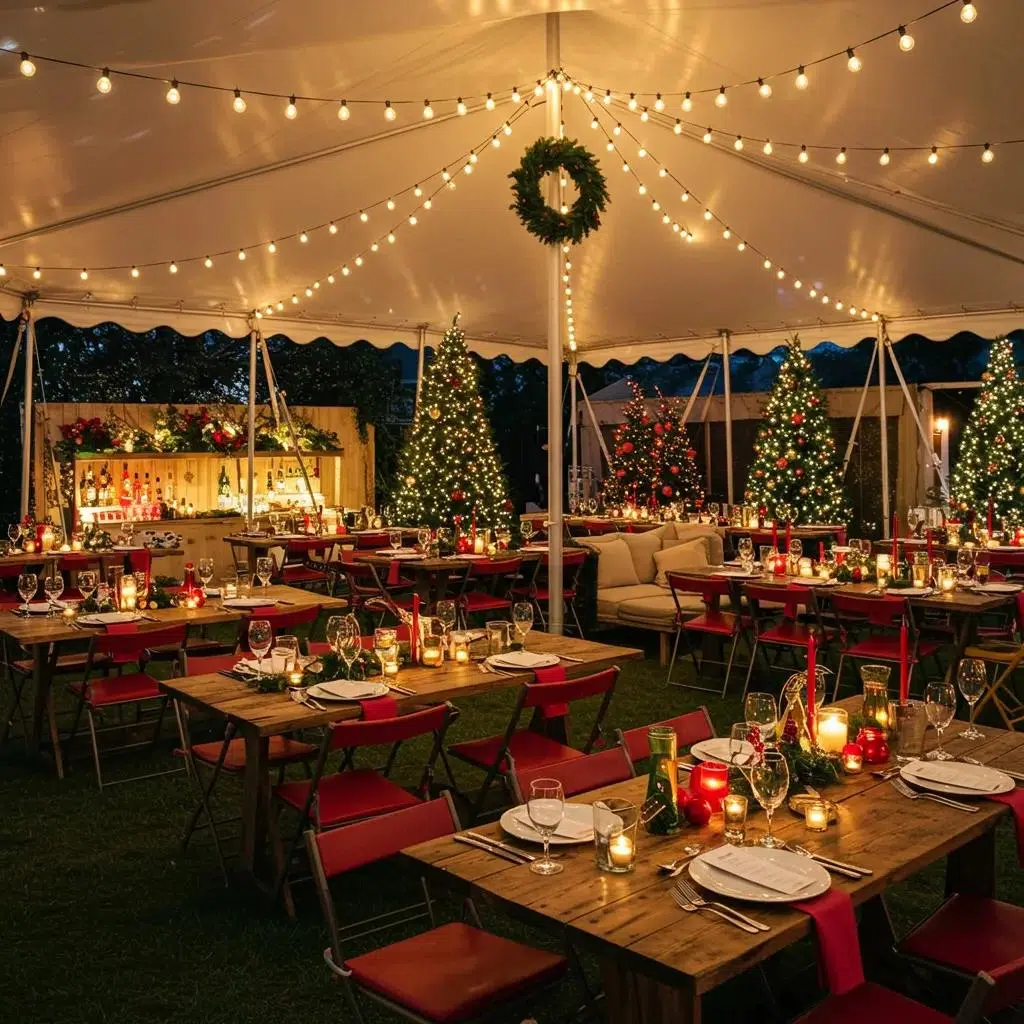 Festive outdoor holiday event setup with decorated tent, elegant table settings, and seasonal decor