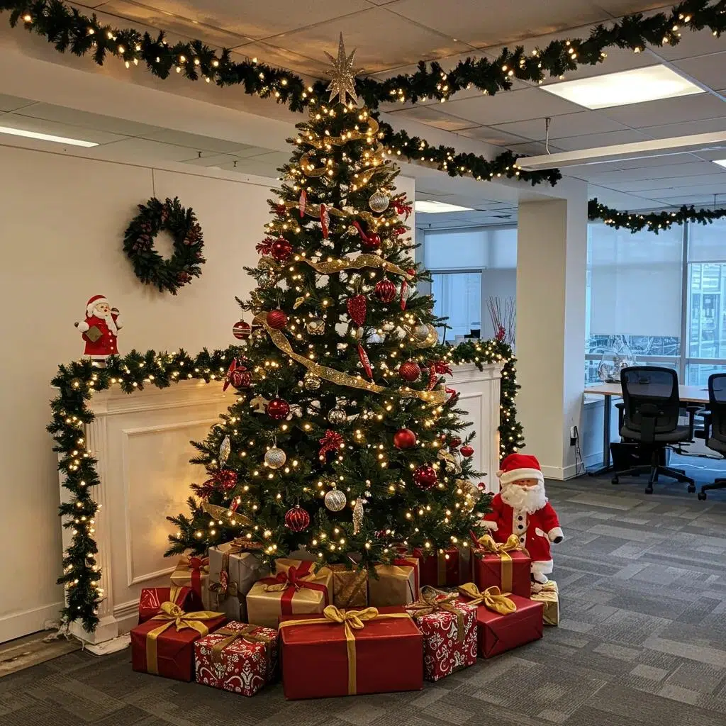 Festively decorated office space with a large Christmas tree and holiday decor