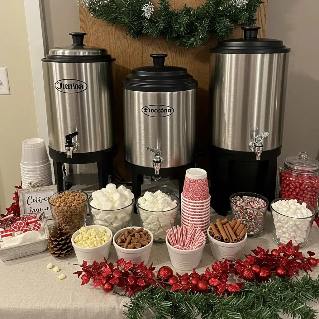 Hot cocoa station with three stainless steel dispensers, festive toppings including marshmallows, candy canes, chocolate chips, and decorative red and green accents, ideal for holiday beverage service.