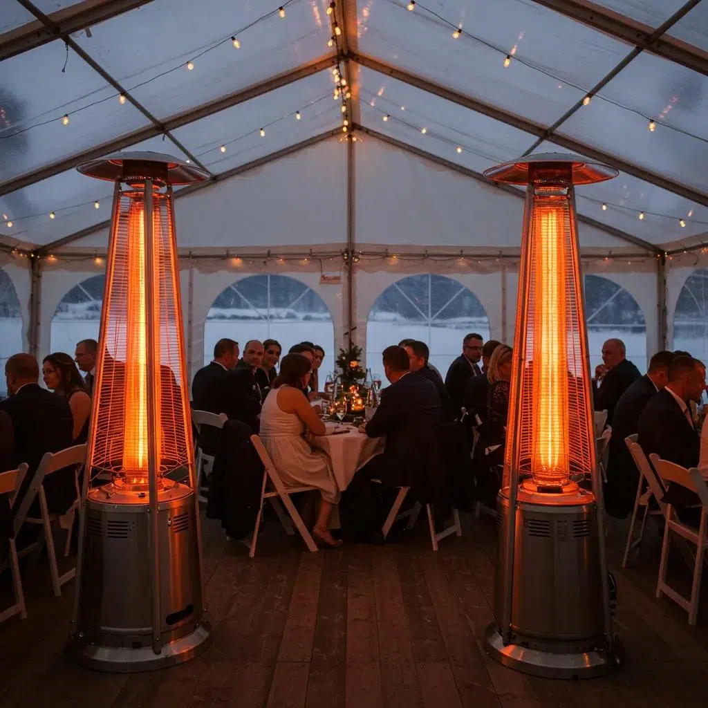 Interior view of a heated tent rental for a winter wedding with guests enjoying the warm atmosphere