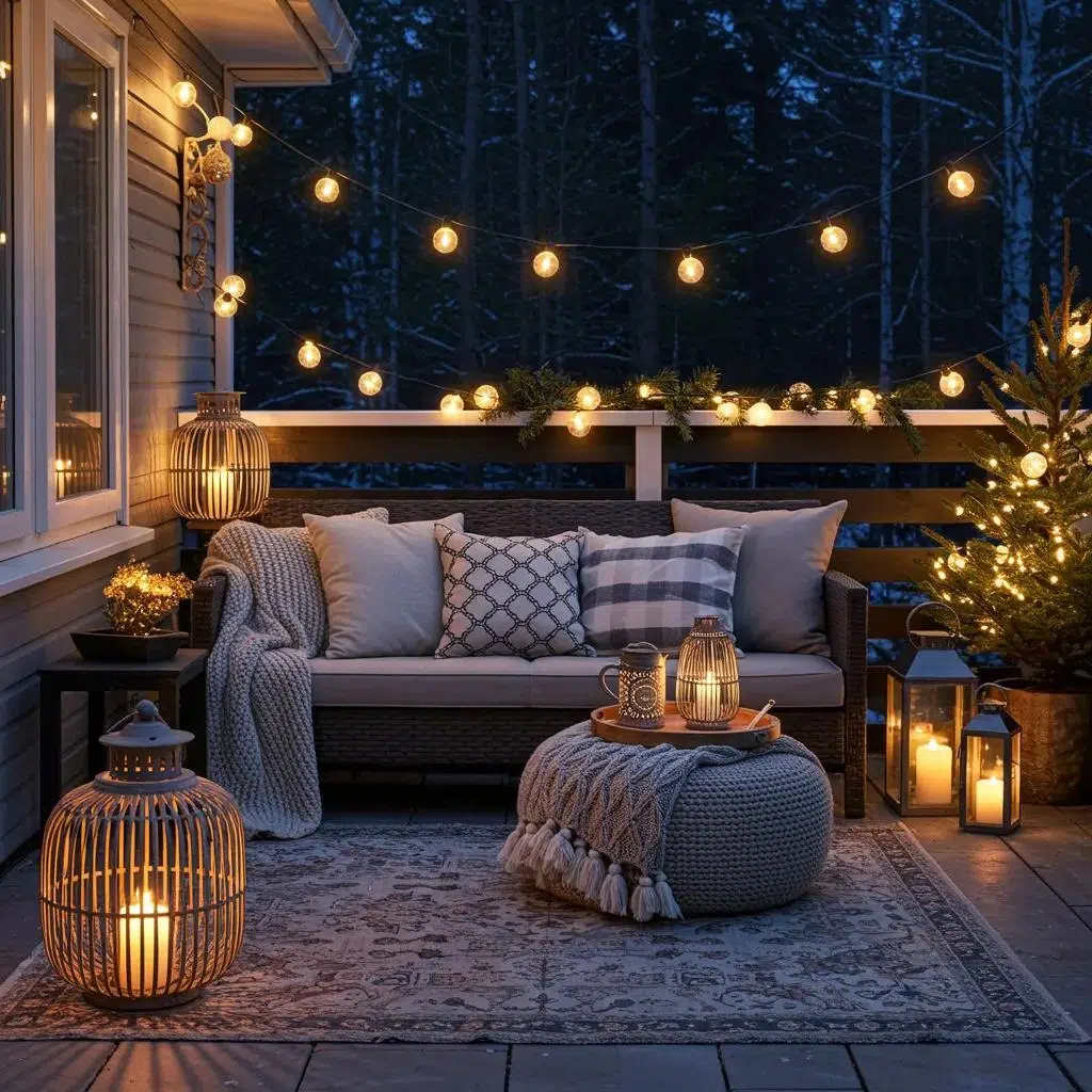 Cozy winter patio decor featuring layered lighting, plush textiles, and warm accents, including a sofa with decorative pillows, lanterns, and a small Christmas tree, creating an inviting atmosphere for outdoor gatherings.
