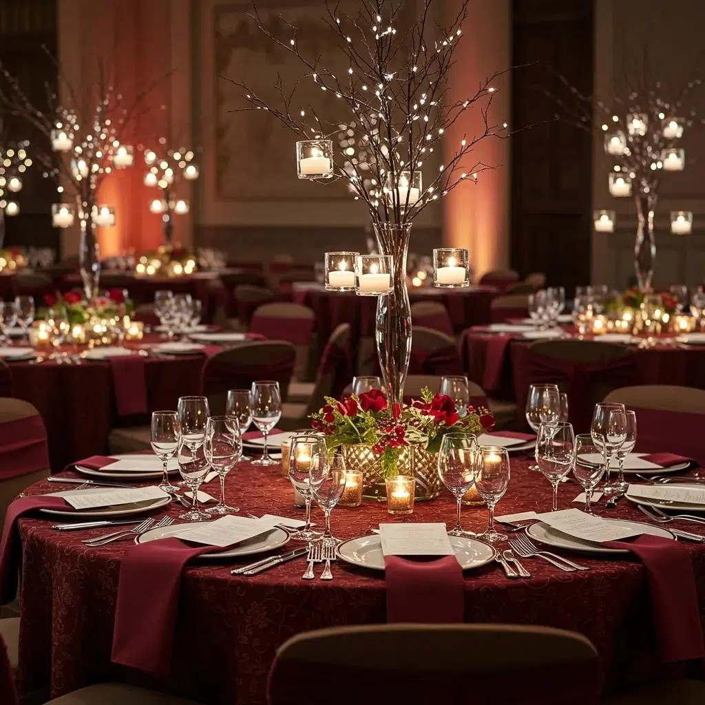 Luxurious holiday gala table setting with coordinated centerpieces and linens